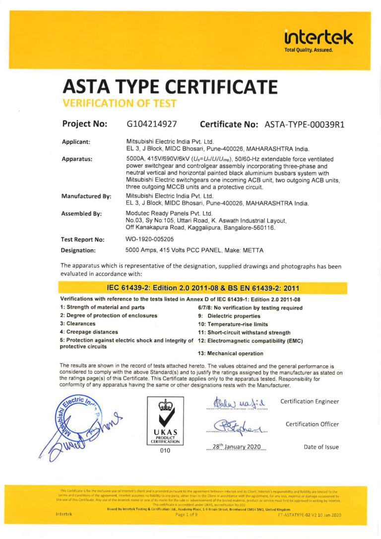 IEC61439 MITSUBISHI 5000ACertificate - Modutec